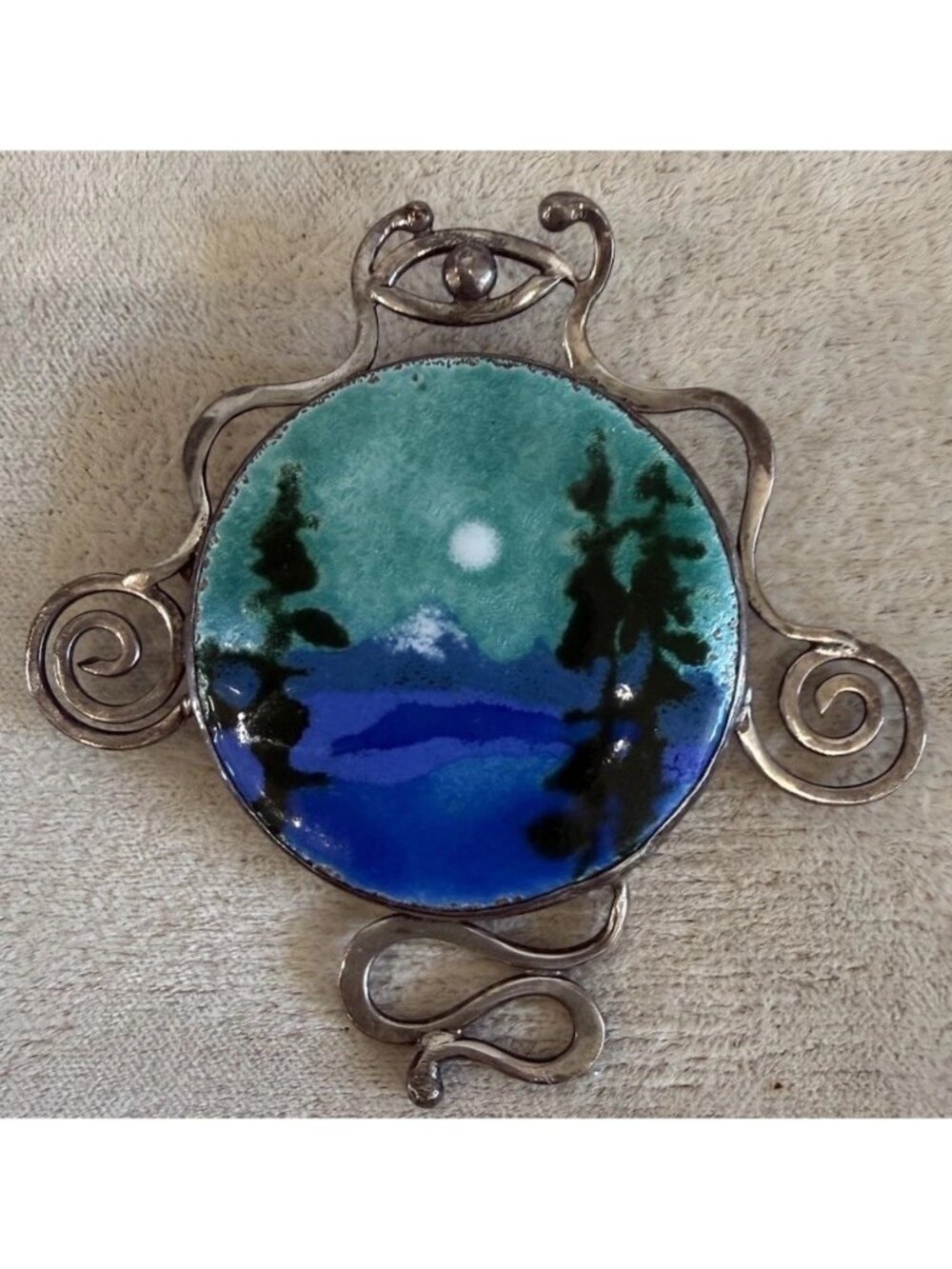 Vintage Sterling Silver Handpainted Landscape “Eye” Brooch 2.5”